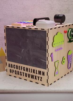 Кубик, бизиборд развивающий tinyhands 30х30х30, purple-lime3 фото