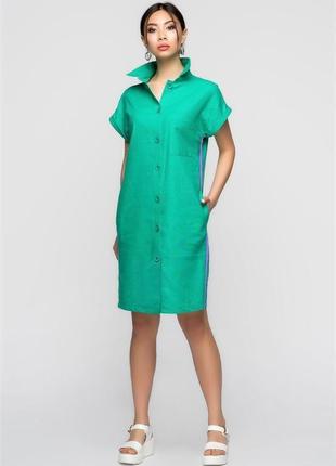 Сукня-сорочка з льону зеленого кольору зі знімним поясом1 фото