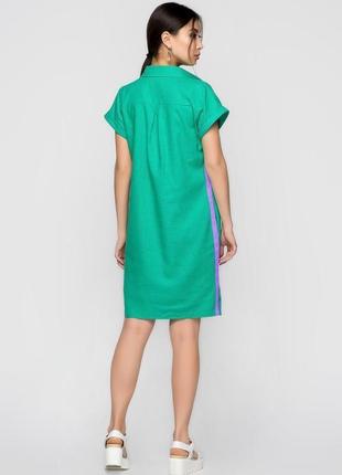 Платье-рубашка из льна зеленого цвета со съемным поясом3 фото