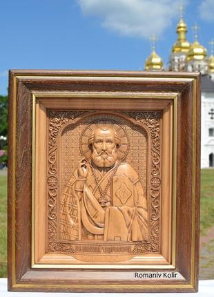 Ікона, різьблена дерев'яна святого миколая чудотварца (миколая чудотворця)