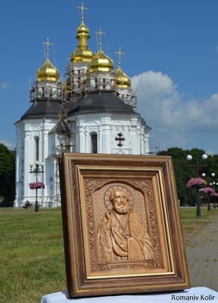 Икона резная деревянная святого николая чудотварца (николая угодника)2 фото