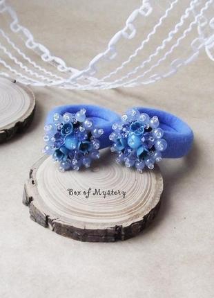 Резиночки для волосся з квітами ручної роботи, пара гумок, сині гумки, подарунок дівчинці1 фото