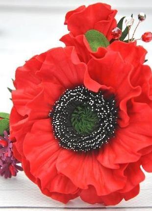 Заколка красный мак в волосы резинка для волос с маком