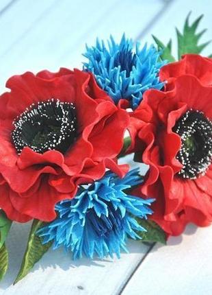 Заколка с маками и васильками цветочное украшение в волосы в украинском стиле2 фото
