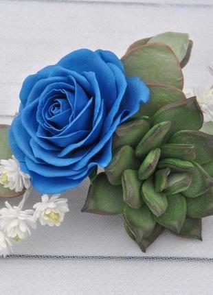 Весільний гребінь з синьою трояндою і суккулентом прикраса для волосся з квітами2 фото