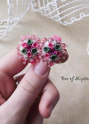 Розовые резинки для волос, пара резинок, резинки с цветами ручной работы, цветы миниатюра