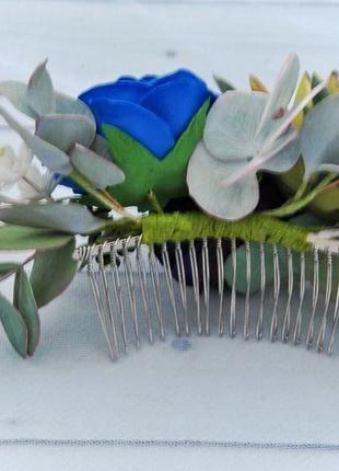 Гребінець для волосся з синіми трояндами і сукулентами прикраса з квітами для зачіски нареченої5 фото