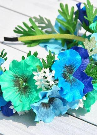 Обруч для волосся з квітами братки прикраса у зачіску дівчинки блакитні квіти