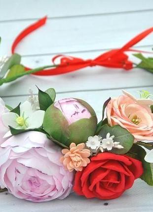 Венок для волос с пионами и розами веночек розовые пионы и красные розы