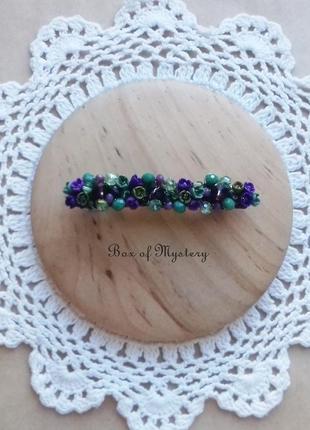 Заколка с миниатюрными цветами, цветочное украшение для волос, фиолетовые и зеленые цветы, 8 см2 фото