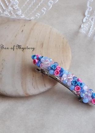 Голубо розовая заколка с цветами, цветочное украшение для волос, подарок девушке, 8 см3 фото