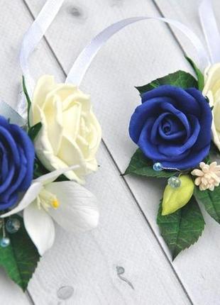 Заколка з синіми білими трояндами весільні прикраси у волосся,бутоньєрка для нареченого3 фото