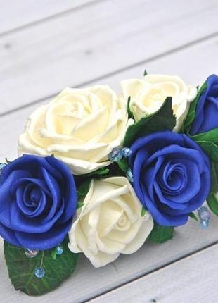 Заколка з синіми білими трояндами весільні прикраси у волосся,бутоньєрка для нареченого4 фото