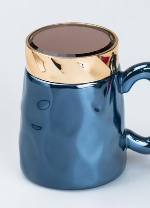 Чашка з кришкою 450 мл керамічна в дзеркальній глазурі синя1 фото