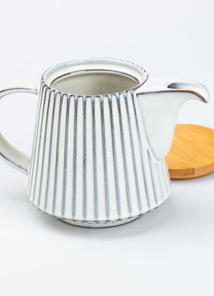 Заварочный чайник 850 мл керамический с бамбуковой крышкой белый3 фото