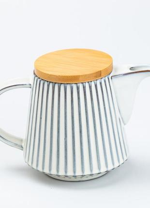Заварочный чайник 850 мл керамический с бамбуковой крышкой белый1 фото