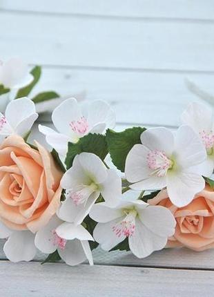 Обруч с весенними цветами яблони персиковыми розами украшение в прическу для девочки на утренник2 фото