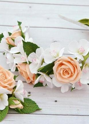 Обруч с весенними цветами яблони персиковыми розами украшение в прическу для девочки на утренник3 фото