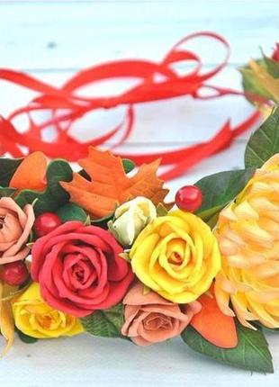 Вінок осінь вінок з осінніми квітами і листям жовті червоні троянди хризантема вінок1 фото
