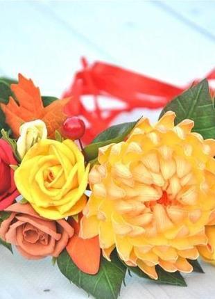 Вінок осінь вінок з осінніми квітами і листям жовті червоні троянди хризантема вінок3 фото