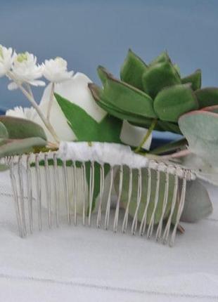 Весільний гребінь для волосся з квітами і листям евкаліпта,суккулентом і гіпсофілою4 фото