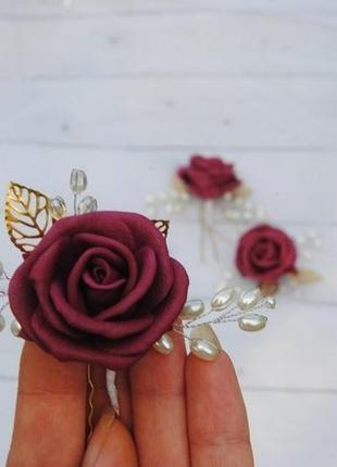 Шпильки для волос с бордовыми розами набор свадебных шпилек с цветами, жемчугом2 фото