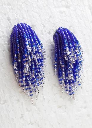 Сині сережки з китицями, синие серьги-кисти, серьги-водопады1 фото