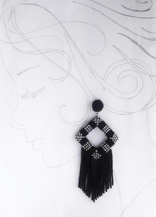 Черные крупные серьги, бисерные серьги, серьги-кисти, чорні сережки5 фото