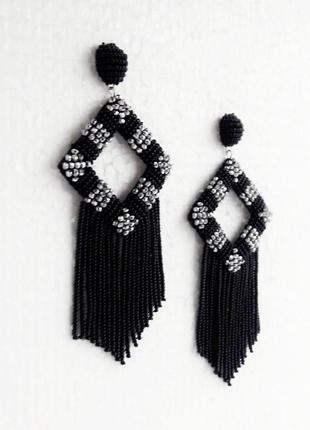 Черные крупные серьги, бисерные серьги, серьги-кисти, чорні сережки2 фото
