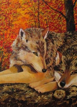 Картина "вовки в лісі" (акрил, полотно, 40*60 см)2 фото