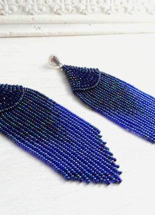 Синие серьги с хрустальными бусинами, бисерные серьги, серьги-кисти, сині бісерні сережки5 фото