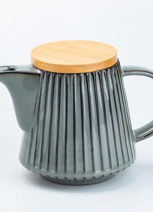 Чайник для заварювання 850 мл керамічний з бамбуковою кришкою сірий1 фото
