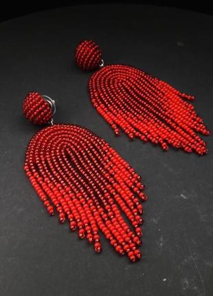 Красные бисерные серьги, красные бисерные сережки, стильные сережки2 фото