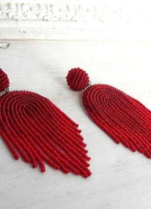 Красные бисерные серьги, красные бисерные сережки, стильные сережки1 фото