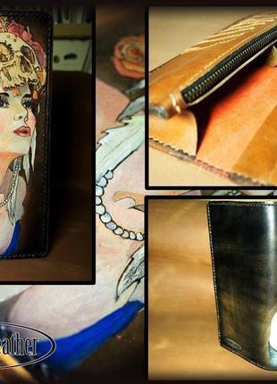 Женский кошелек девушка с розами, длинный кошелек, кошелек клатч