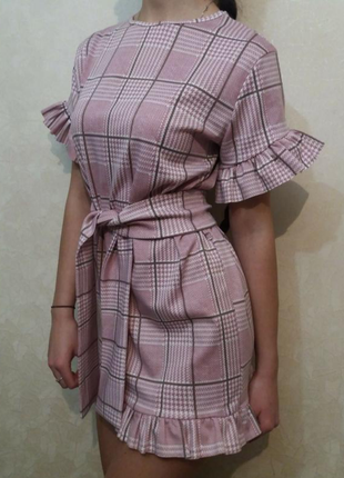 Коротке плаття з поясом, рожеве плаття в карту, мініплаття вільне1 фото