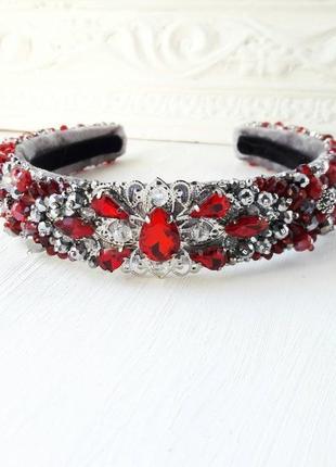 Красный бисерный ободок с кристаллами, весільний ободок для нареченої, свадебный ободок1 фото