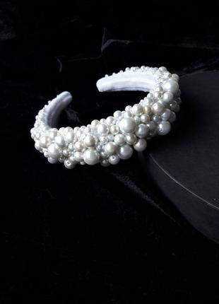 Весільний білий обруч з керамічним перлами, тіара для нареченої, ободок з перлами5 фото