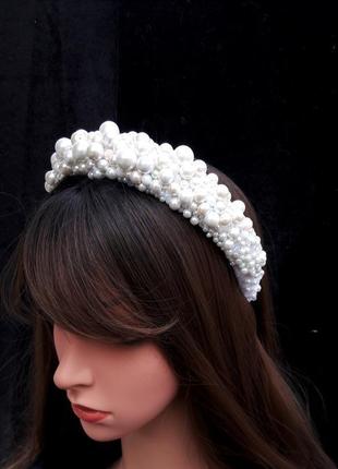 Весільний білий обруч з керамічним перлами, тіара для нареченої, ободок з перлами3 фото