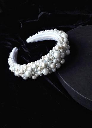 Весільний білий обруч з керамічним перлами, тіара для нареченої, ободок з перлами4 фото