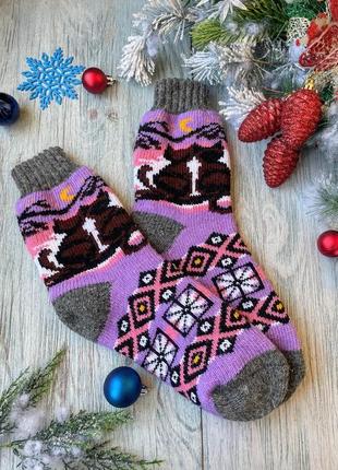 Шкарпетки жіночі зимові вовняні в'язані кішки на фіолетовому , р. 36-40