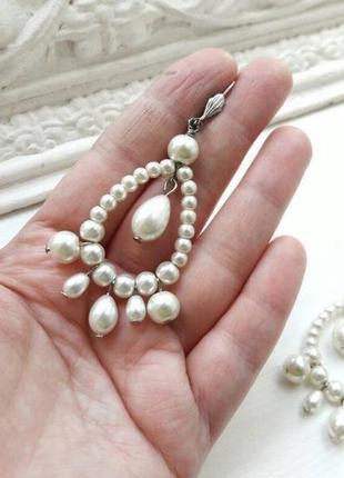 Великі весільні сережки-кільця з керамічним перлами, бежеві сережки для нареченої, білі сережки5 фото