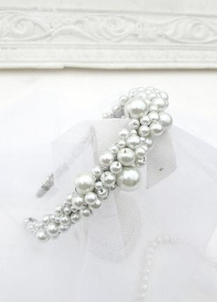Весільний білий обруч з керамічним перлами, тіара для нареченої, ободок з перлами6 фото