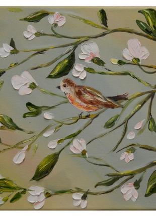 Картина маслом 30х30. птичка в весеннем саду
