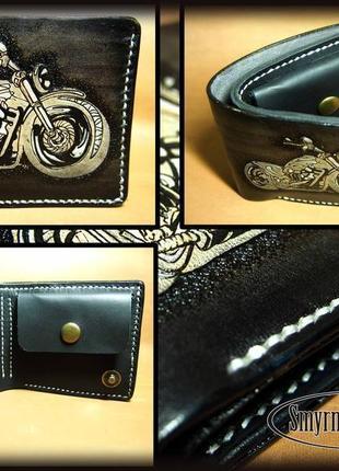 Мужской кошелек байк, мужское портмоне, черный бумажник,мужской кожаный кошелек3 фото