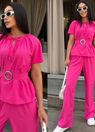 Брючный костюм женский весенний летний на весну лето демисезонный деловой базовый легкий нарядный черный розовый салатовый брючины рубашка блузка6 фото