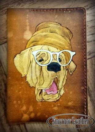 Кожаная обложка на паспорт пес