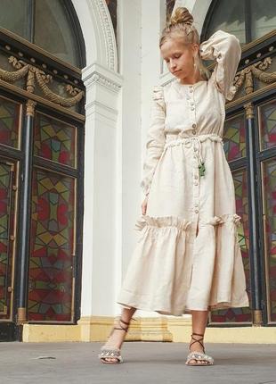 Осіннє бохо сукню з 100% льону, бежевого кольору, з довгим рукавом та поясом, розмір s1 фото