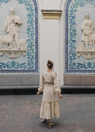 Осіннє бохо сукню з 100% льону, бежевого кольору, з довгим рукавом та поясом, розмір s5 фото