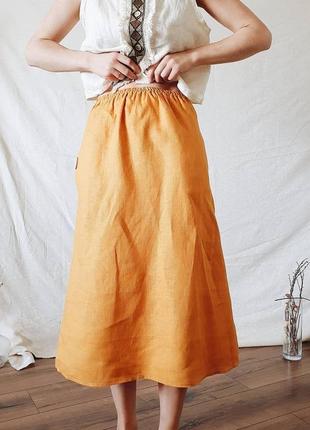 Льняная юбка на резинке с карманами, длина миди3 фото